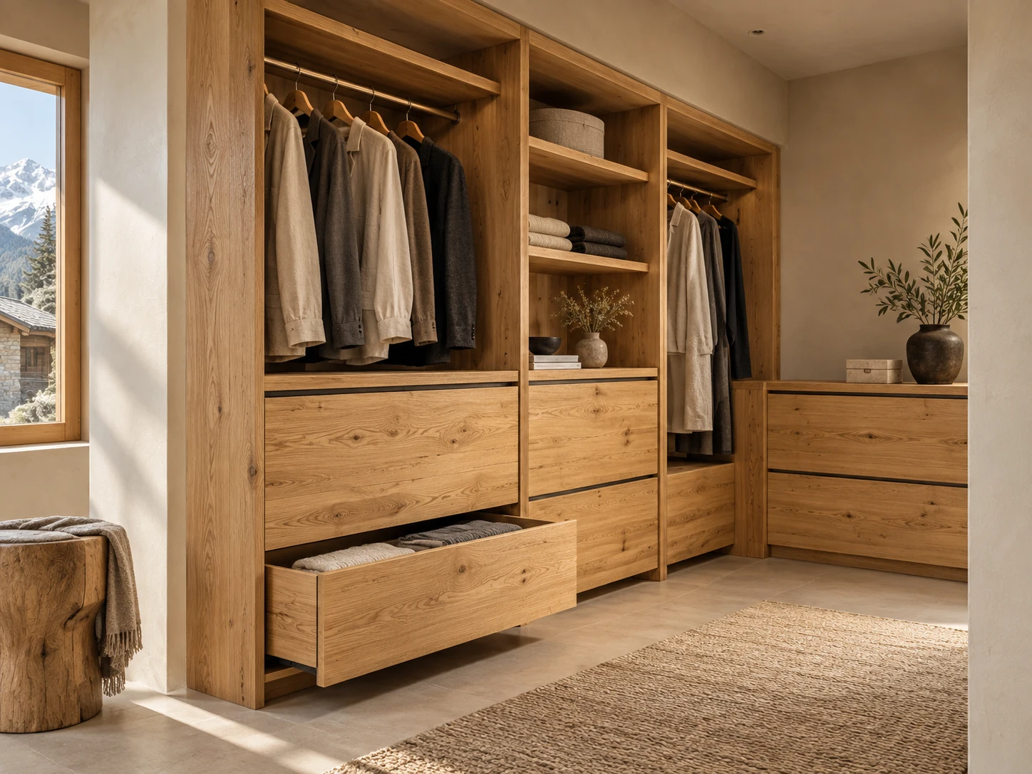 Dressing en chêne avec penderies ouvertes, étagères et tiroirs intégrés
